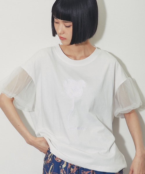 ANOTHER S(アナザーエス)の「フラワー刺繍&チュールスリーブT(Tシャツ/カットソー・レディース・グレー/ホワイト/ブラック・FREE)」の12枚目の写真