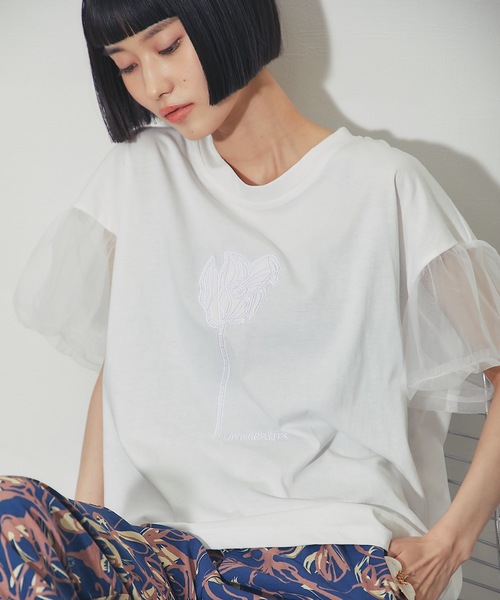 ANOTHER S(アナザーエス)の「フラワー刺繍&チュールスリーブT(Tシャツ/カットソー・レディース・グレー/ホワイト/ブラック・FREE)」の11枚目の写真
