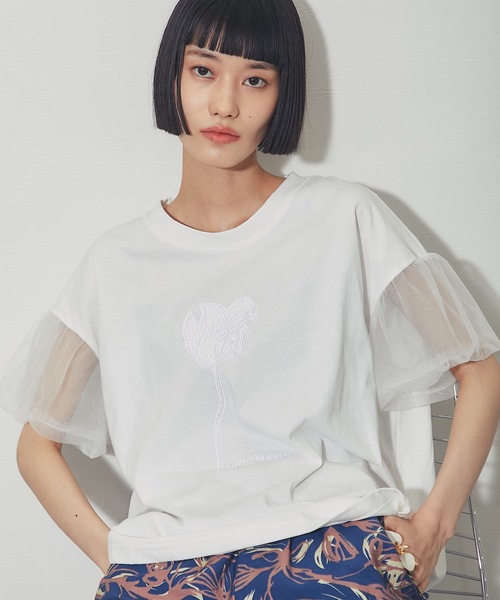 ANOTHER S(アナザーエス)の「フラワー刺繍&チュールスリーブT(Tシャツ/カットソー・レディース・グレー/ホワイト/ブラック・FREE)」の9枚目の写真
