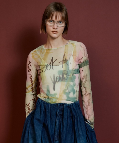 MAISON SPECIAL(メゾンスペシャル)の「Look at Yourself Logo Sheer Top/Look at yourselfロゴシアートップス(Tシャツ/カットソー・レディース・ホワイト/ピンク/ライム・FREE)」の1枚目の写真