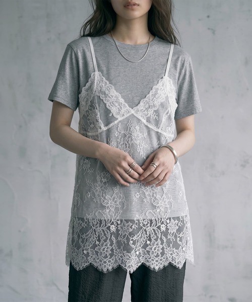 STYLE DELI(スタイルデリ)の「【BLK001】レースキャミレイヤードTシャツ(Tシャツ/カットソー・レディース・杢グレー/ブラック・FREE)」の1枚目の写真