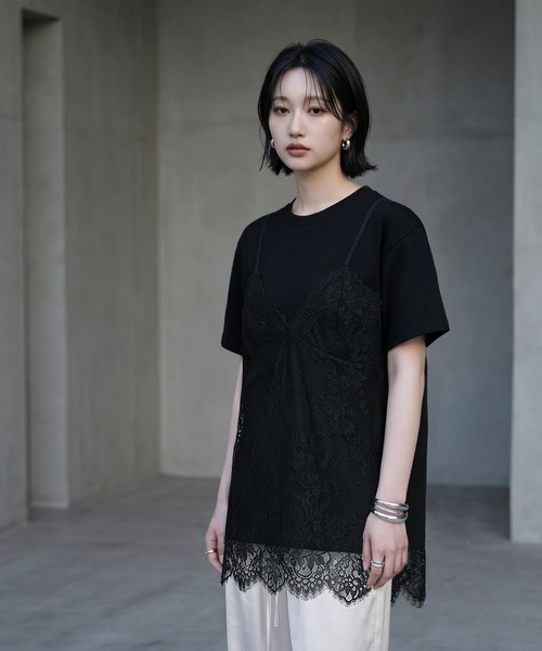 STYLE DELI(スタイルデリ)の「【BLK001】レースキャミレイヤードTシャツ(Tシャツ/カットソー・レディース・杢グレー/ブラック・FREE)」の2枚目の写真