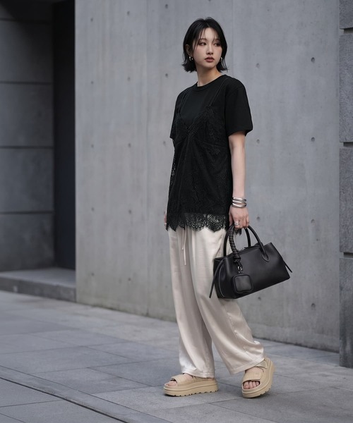 STYLE DELI(スタイルデリ)の「【BLK001】レースキャミレイヤードTシャツ(Tシャツ/カットソー・レディース・杢グレー/ブラック・FREE)」の3枚目の写真