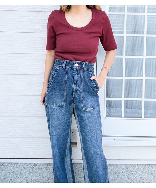Q(キュー)の「QベーシックリブT(Tシャツ/カットソー・レディース・ボルドー/グレー・MEDIUM)」の8枚目の写真