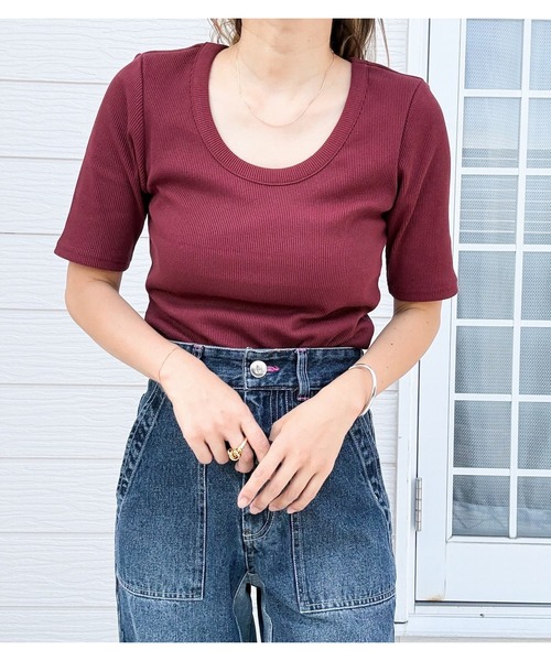 Q(キュー)の「QベーシックリブT(Tシャツ/カットソー・レディース・ボルドー/グレー・MEDIUM)」の11枚目の写真