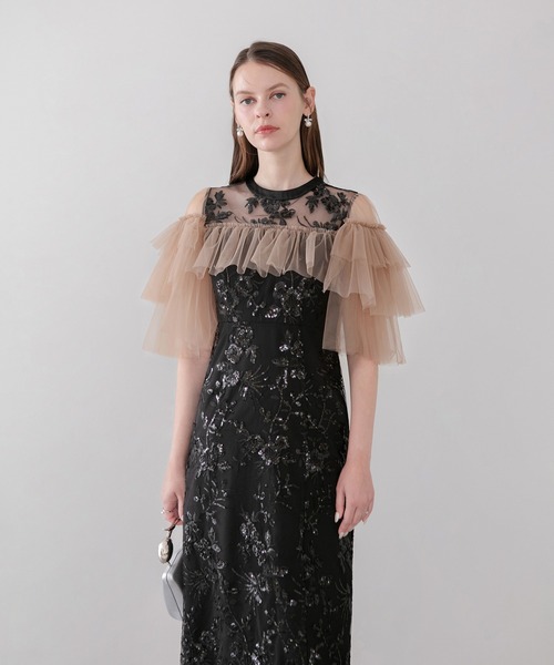 Leja(レジャ)の「【LEJA】シアーショルダーチュールフリルスパンコールIラインワンピースドレス美脚効果結婚式 パーティードレス 成人式 二次会 同窓会 お呼ばれ オケージョン 20代 30代(ドレス・レディース・モカ/ブラック・MEDIUM/SMALL)」の1枚目の写真