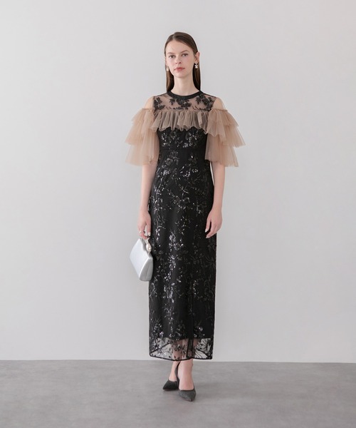 Leja(レジャ)の「【LEJA】シアーショルダーチュールフリルスパンコールIラインワンピースドレス美脚効果結婚式 パーティードレス 成人式 二次会 同窓会 お呼ばれ オケージョン 20代 30代(ドレス・レディース・モカ/ブラック・MEDIUM/SMALL)」の6枚目の写真