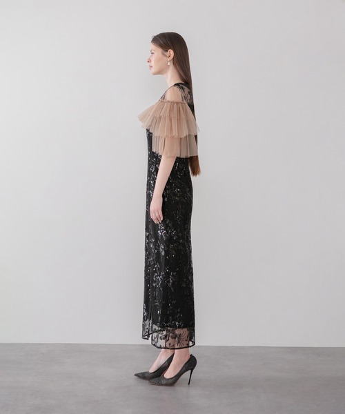 Leja(レジャ)の「【LEJA】シアーショルダーチュールフリルスパンコールIラインワンピースドレス美脚効果結婚式 パーティードレス 成人式 二次会 同窓会 お呼ばれ オケージョン 20代 30代(ドレス・レディース・モカ/ブラック・MEDIUM/SMALL)」の8枚目の写真