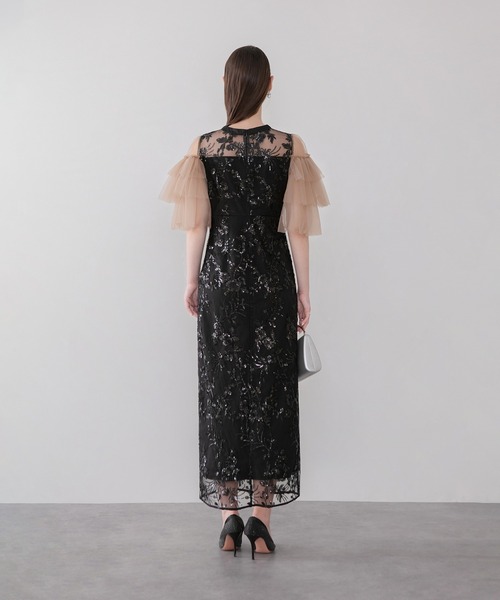 Leja(レジャ)の「【LEJA】シアーショルダーチュールフリルスパンコールIラインワンピースドレス美脚効果結婚式 パーティードレス 成人式 二次会 同窓会 お呼ばれ オケージョン 20代 30代(ドレス・レディース・モカ/ブラック・MEDIUM/SMALL)」の7枚目の写真