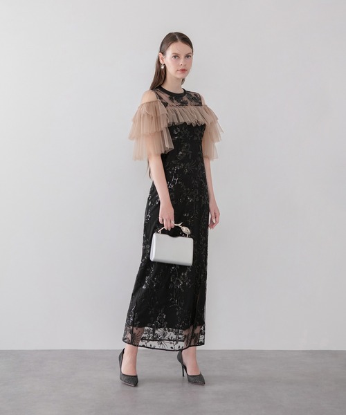 Leja(レジャ)の「【LEJA】シアーショルダーチュールフリルスパンコールIラインワンピースドレス美脚効果結婚式 パーティードレス 成人式 二次会 同窓会 お呼ばれ オケージョン 20代 30代(ドレス・レディース・モカ/ブラック・MEDIUM/SMALL)」の3枚目の写真