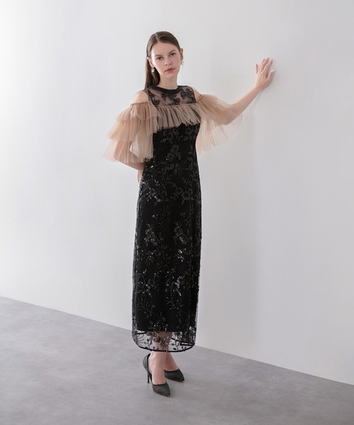 Leja(レジャ)の「【LEJA】シアーショルダーチュールフリルスパンコールIラインワンピースドレス美脚効果結婚式 パーティードレス 成人式 二次会 同窓会 お呼ばれ オケージョン 20代 30代(ドレス・レディース・モカ/ブラック・MEDIUM/SMALL)」の5枚目の写真