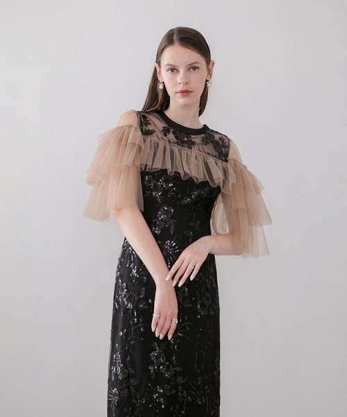 Leja(レジャ)の「【LEJA】シアーショルダーチュールフリルスパンコールIラインワンピースドレス美脚効果結婚式 パーティードレス 成人式 二次会 同窓会 お呼ばれ オケージョン 20代 30代(ドレス・レディース・モカ/ブラック・MEDIUM/SMALL)」の4枚目の写真
