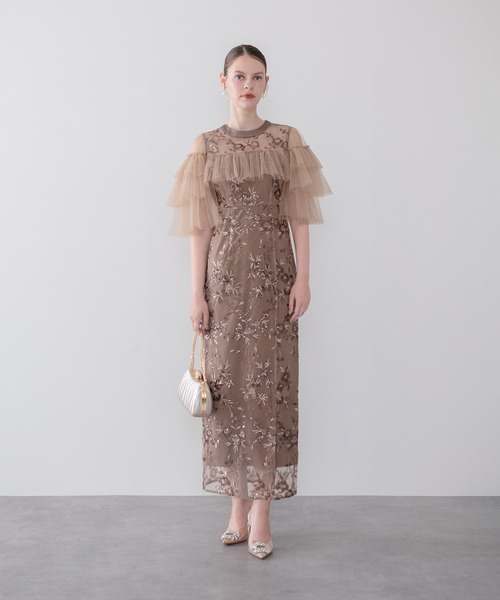 Leja(レジャ)の「【LEJA】シアーショルダーチュールフリルスパンコールIラインワンピースドレス美脚効果結婚式 パーティードレス 成人式 二次会 同窓会 お呼ばれ オケージョン 20代 30代(ドレス・レディース・モカ/ブラック・MEDIUM/SMALL)」の9枚目の写真