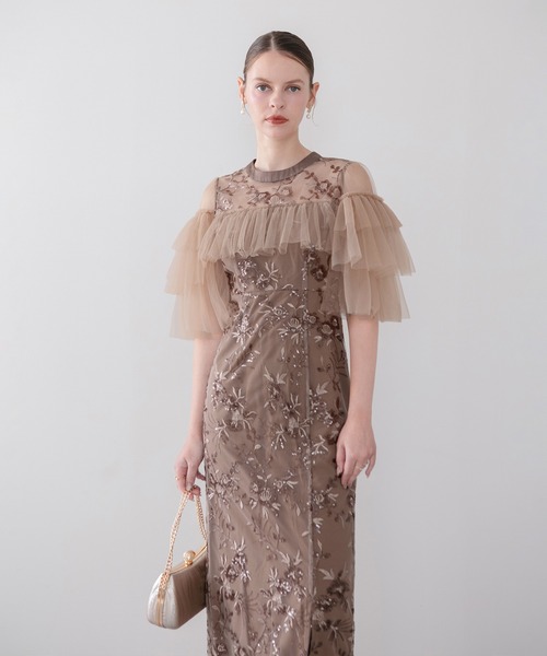 Leja(レジャ)の「【LEJA】シアーショルダーチュールフリルスパンコールIラインワンピースドレス美脚効果結婚式 パーティードレス 成人式 二次会 同窓会 お呼ばれ オケージョン 20代 30代(ドレス・レディース・モカ/ブラック・MEDIUM/SMALL)」の11枚目の写真