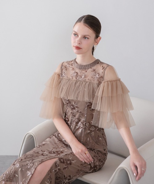 Leja(レジャ)の「【LEJA】シアーショルダーチュールフリルスパンコールIラインワンピースドレス美脚効果結婚式 パーティードレス 成人式 二次会 同窓会 お呼ばれ オケージョン 20代 30代(ドレス・レディース・モカ/ブラック・MEDIUM/SMALL)」の12枚目の写真