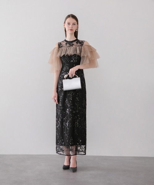 Leja(レジャ)の「【LEJA】シアーショルダーチュールフリルスパンコールIラインワンピースドレス美脚効果結婚式 パーティードレス 成人式 二次会 同窓会 お呼ばれ オケージョン 20代 30代(ドレス・レディース・モカ/ブラック・MEDIUM/SMALL)」の13枚目の写真