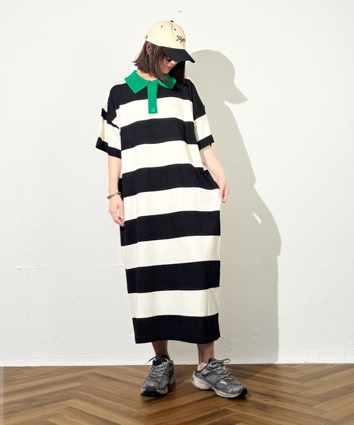 MAISON SELECT(メゾンセレクト)の「7E13 カラー ボーダーポロニットワンピース(ワンピース・レディース・ブラック×グリーン/ネイビー・FREE)」の7枚目の写真