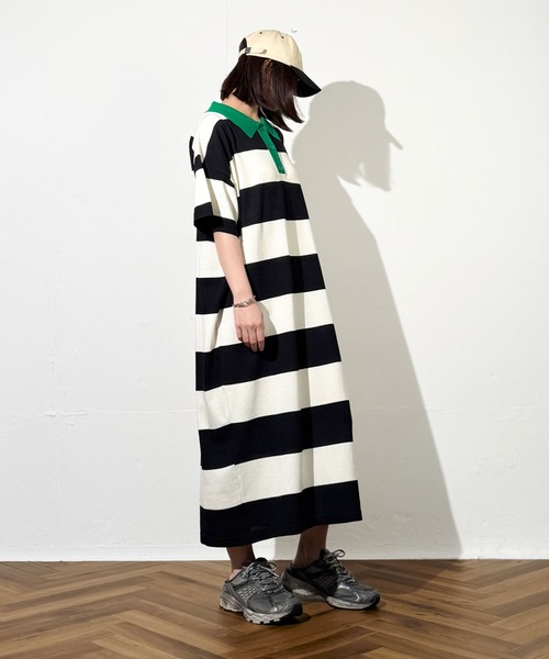 MAISON SELECT(メゾンセレクト)の「7E13 カラー ボーダーポロニットワンピース(ワンピース・レディース・ブラック×グリーン/ネイビー・FREE)」の3枚目の写真
