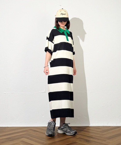 MAISON SELECT(メゾンセレクト)の「7E13 カラー ボーダーポロニットワンピース(ワンピース・レディース・ブラック×グリーン/ネイビー・FREE)」の6枚目の写真
