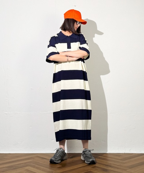 MAISON SELECT(メゾンセレクト)の「7E13 カラー ボーダーポロニットワンピース(ワンピース・レディース・ブラック×グリーン/ネイビー・FREE)」の8枚目の写真