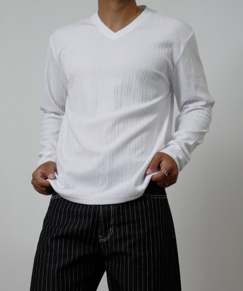 NYLAUS（ナイラス）の「【Nylaus】Vネック テレコ Tシャツ 長袖 ロングTシャツ 無地（Tシャツ/カットソー・メンズ・ブラック/杢グレー/ネイビー/ホワイト・L/LL/M）」の2枚目の写真
