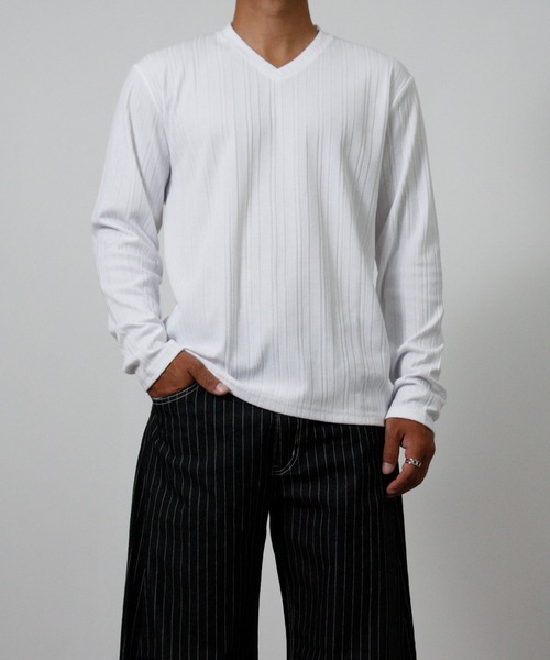 NYLAUS（ナイラス）の「【Nylaus】Vネック テレコ Tシャツ 長袖 ロングTシャツ 無地（Tシャツ/カットソー・メンズ・ブラック/杢グレー/ネイビー/ホワイト・L/LL/M）」の12枚目の写真