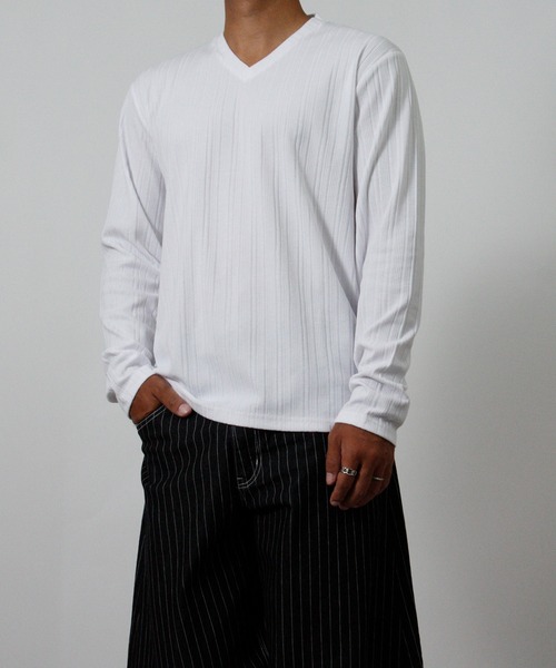 NYLAUS（ナイラス）の「【Nylaus】Vネック テレコ Tシャツ 長袖 ロングTシャツ 無地（Tシャツ/カットソー・メンズ・ブラック/杢グレー/ネイビー/ホワイト・L/LL/M）」の15枚目の写真