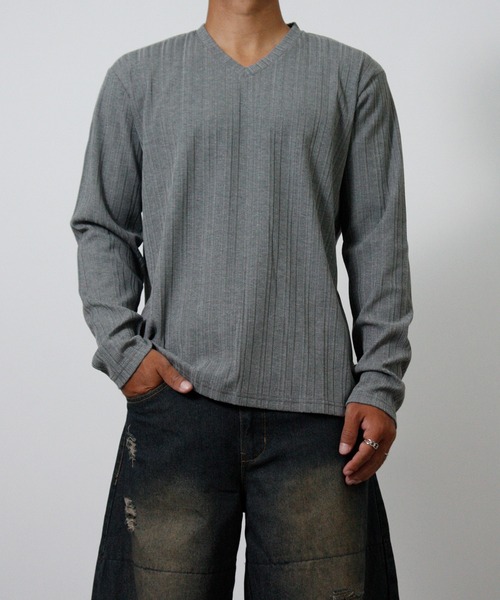 NYLAUS（ナイラス）の「【Nylaus】Vネック テレコ Tシャツ 長袖 ロングTシャツ 無地（Tシャツ/カットソー・メンズ・ブラック/杢グレー/ネイビー/ホワイト・L/LL/M）」の19枚目の写真