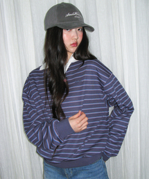 AMESWORLDWIDE | V NECK COLLAR STRIPE SWEATSHIRT PURPLE(スウェット)