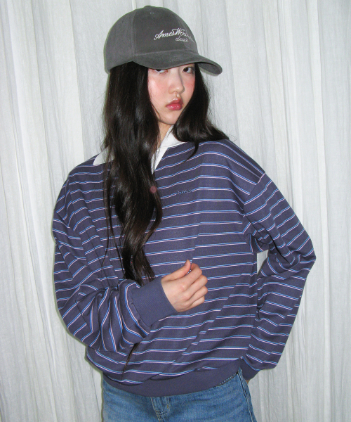 AMESWORLDWIDE(アメスワールドワイド)の「V NECK COLLAR STRIPE SWEATSHIRT PURPLE(スウェット・レディース・その他・FREE)」の1枚目の写真