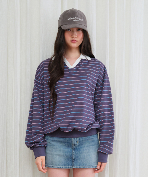 AMESWORLDWIDE(アメスワールドワイド)の「V NECK COLLAR STRIPE SWEATSHIRT PURPLE(スウェット・レディース・その他・FREE)」の2枚目の写真