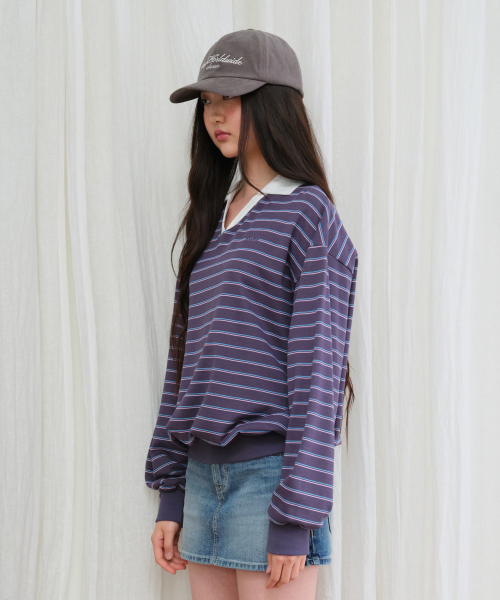 AMESWORLDWIDE(アメスワールドワイド)の「V NECK COLLAR STRIPE SWEATSHIRT PURPLE(スウェット・レディース・その他・FREE)」の3枚目の写真