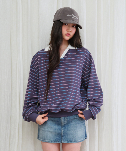 AMESWORLDWIDE(アメスワールドワイド)の「V NECK COLLAR STRIPE SWEATSHIRT PURPLE(スウェット・レディース・その他・FREE)」の4枚目の写真