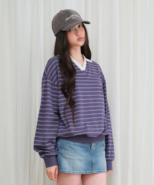 AMESWORLDWIDE(アメスワールドワイド)の「V NECK COLLAR STRIPE SWEATSHIRT PURPLE(スウェット・レディース・その他・FREE)」の5枚目の写真