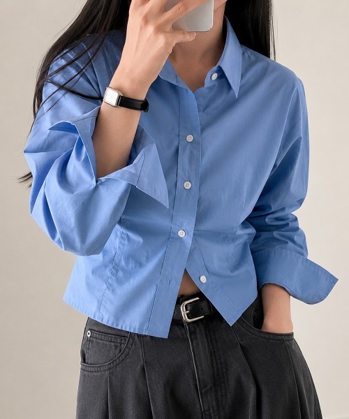 Miniministore(ミニミニストア)の「ベーシック ショート丈長袖シャツブラウス(シャツ/ブラウス・レディース・ブルー/ホワイト・FREE)」の1枚目の写真