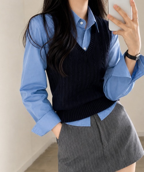 Miniministore(ミニミニストア)の「ベーシック ショート丈長袖シャツブラウス(シャツ/ブラウス・レディース・ブルー/ホワイト・FREE)」の4枚目の写真