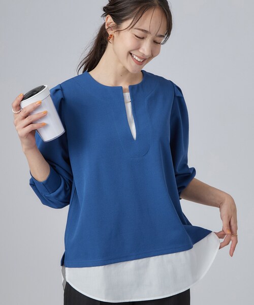 SHOO・LA・RUE（シューラルー）の「【S-LL/洗濯機可】1枚で完成 アクセいらずのレイヤード風ブラウス（Tシャツ/カットソー・レディース・ブラウン系/ブルー系その他/ブラック・01/04/03/02）」の3枚目の写真