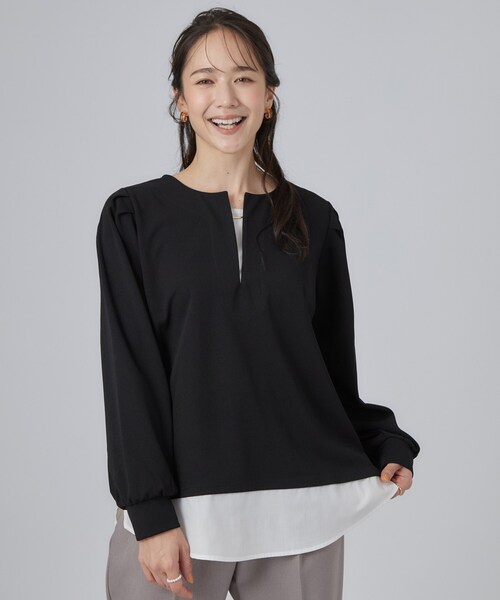 SHOO・LA・RUE（シューラルー）の「【S-LL/洗濯機可】1枚で完成 アクセいらずのレイヤード風ブラウス（Tシャツ/カットソー・レディース・ブラウン系/ブルー系その他/ブラック・01/04/03/02）」の4枚目の写真