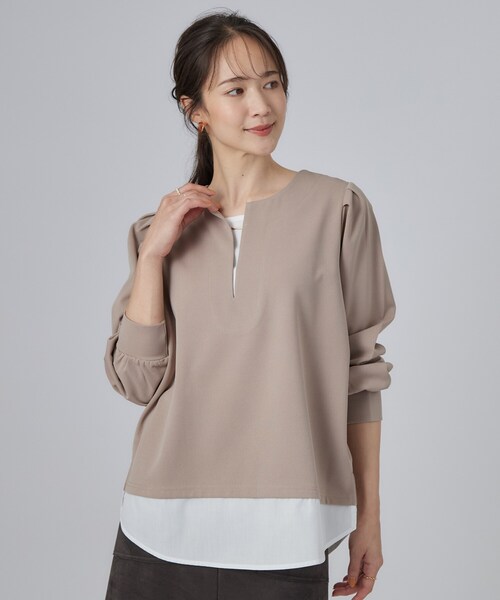 SHOO・LA・RUE（シューラルー）の「【S-LL/洗濯機可】1枚で完成 アクセいらずのレイヤード風ブラウス（Tシャツ/カットソー・レディース・ブラウン系/ブルー系その他/ブラック・01/04/03/02）」の8枚目の写真