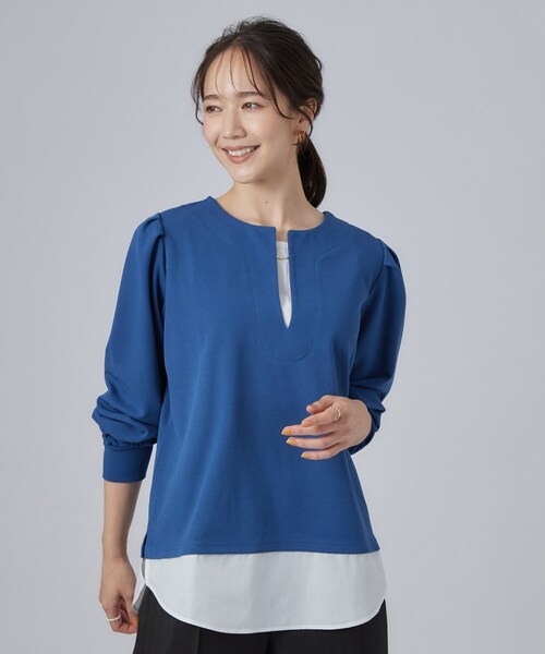 SHOO・LA・RUE（シューラルー）の「【S-LL/洗濯機可】1枚で完成 アクセいらずのレイヤード風ブラウス（Tシャツ/カットソー・レディース・ブラウン系/ブルー系その他/ブラック・01/04/03/02）」の12枚目の写真