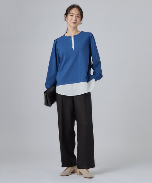 SHOO・LA・RUE（シューラルー）の「【S-LL/洗濯機可】1枚で完成 アクセいらずのレイヤード風ブラウス（Tシャツ/カットソー・レディース・ブラウン系/ブルー系その他/ブラック・01/04/03/02）」の14枚目の写真