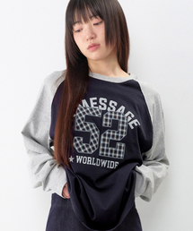 52 チェックアップリケ ラグラン長袖Tシャツ ネイビー