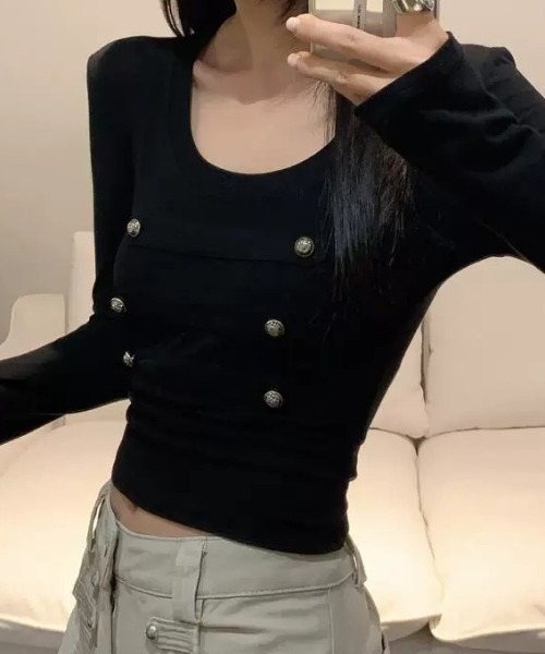 SHEPP(シープ)の「【26年秋冬新作】ナポレオンデザイン スリムフィットロンT(Tシャツ/カットソー・レディース・カーキ/ホワイト/ブラウン/ブラック・F)」の1枚目の写真