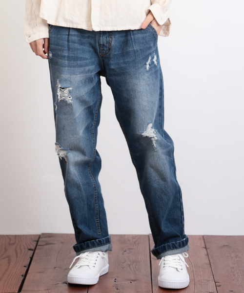 CUBE SUGAR（キューブシュガー）の「10.5ozデニム ダメージ加工イージーテーパードパンツ（デニムパンツ・レディース・ブルー/ネイビー・M/S）」の2枚目の写真