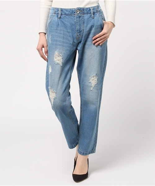 CUBE SUGAR（キューブシュガー）の「10.5ozデニム ダメージ加工イージーテーパードパンツ（デニムパンツ・レディース・ブルー/ネイビー・M/S）」の13枚目の写真