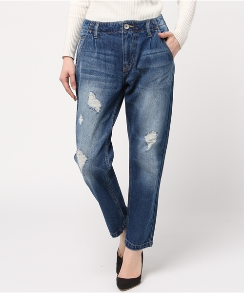 CUBE SUGAR（キューブシュガー）の「10.5ozデニム ダメージ加工イージーテーパードパンツ（デニムパンツ・レディース・ブルー/ネイビー・M/S）」の14枚目の写真