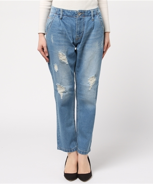 CUBE SUGAR（キューブシュガー）の「10.5ozデニム ダメージ加工イージーテーパードパンツ（デニムパンツ・レディース・ブルー/ネイビー・M/S）」の3枚目の写真