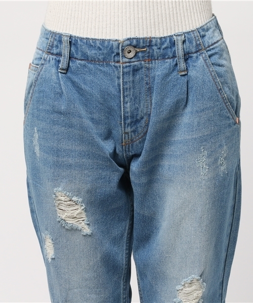 CUBE SUGAR（キューブシュガー）の「10.5ozデニム ダメージ加工イージーテーパードパンツ（デニムパンツ・レディース・ブルー/ネイビー・M/S）」の6枚目の写真