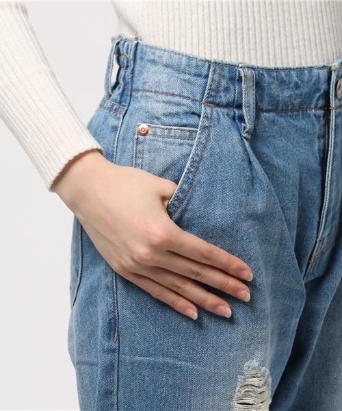 CUBE SUGAR（キューブシュガー）の「10.5ozデニム ダメージ加工イージーテーパードパンツ（デニムパンツ・レディース・ブルー/ネイビー・M/S）」の8枚目の写真