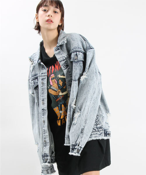 PUNYUS（プニュズ）の「クラッシュデニムジャケット（デニムジャケット・レディース・ライトインディゴブルー/インディゴブルー・3/2/1/4）」の2枚目の写真